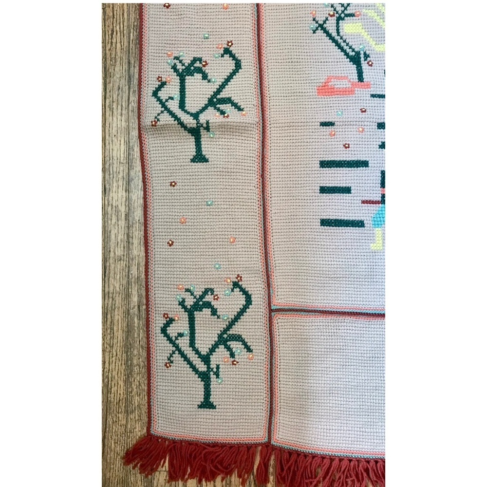 Vintage Chinoiserie Crochet Afghan Throw Rickshaw Floral Trees Folk Art Exotic - Picture 3 of 4